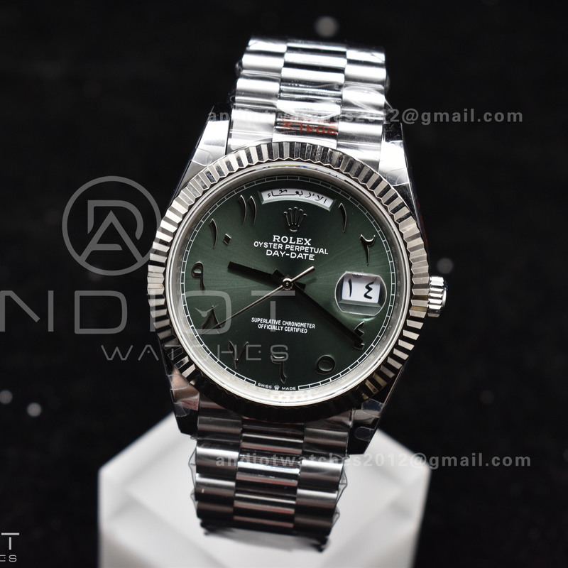 DayDate 40 SS JDF 904L Steel Green Arabic Dial on President Bracelet VR3255 V3 (Gain Weight)